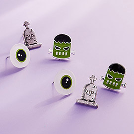 3Pairs - Enamel Halloween Frankenstein Monster Eye Tomb Stud Earring Set