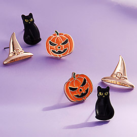 3Pairs - Enamel Halloween Pumpkin Black Cat Metal Witch Hat Stud Earring Set