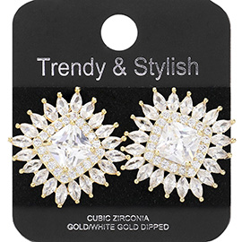 Gold Dipped Round Marquise CZ Stone Embellished Stud Earrings