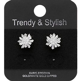 White Gold Dipped CZ Stone Embellished Flower Stud Earrings