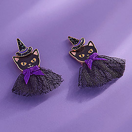 Halloween Black Cat With Bow Earrings