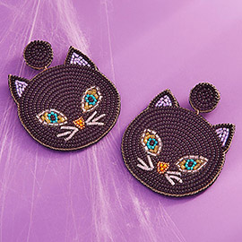 Felt Back Halloween Black Cat Seed Beaded Dangle Earrings