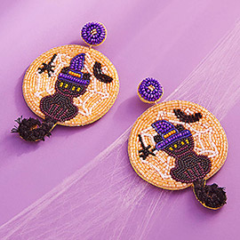 Felt Back Halloween Black Cat Spider Bat Seed Beaded Earrings