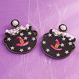 Pearl Star Sequin Poinetd Seed Beaed Felt Back Halloween Witch Cauldron Earrings
