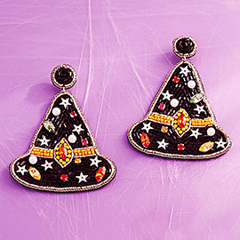 Stone Cluster Pointed Seed Beaded Felt Back Halloween Witch Hat Earrings