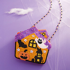 Halloween Hunted House Pumpkin Bat Ghost Beaded Mini Crossbody Bag