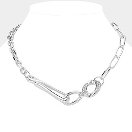Stone Paved Metal Link Pointed Chain Necklace