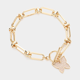 Pearl Paved Butterfly Charm Paperclip Chain Toggle Bracelet