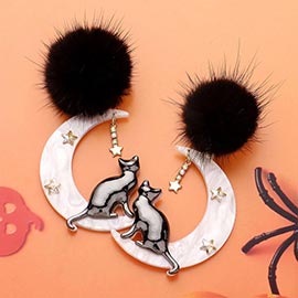 Pom Pom Cat on Crescent Moon Dangle Earrings