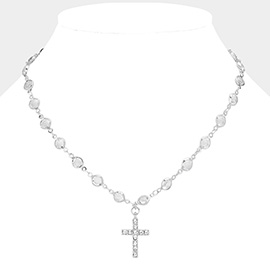 Stone Paved Cross Pendant Pointed Clear Stone Bezel Station Necklace