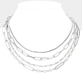 Pearl Station Metal Paperclip Chain Layered Necklace