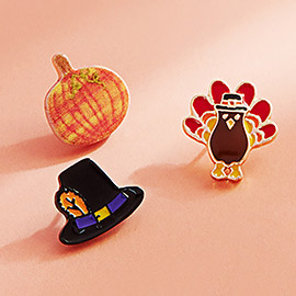 3Pairs - Enamel Thanksgiving Turkey Pumpkin Hat Stud Earring Set