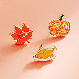 3Pairs - Enamel Thanksgiving Turkey Pumpkin Maple Leaf Stud Earring Set