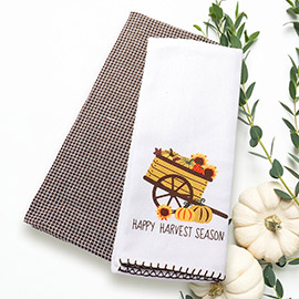 2PCS - HAPPY HARVEST SEASON Sunflower Cart Printed Gingham Kitchen Towel Set