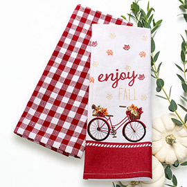 2PCS - enjoy FALL Message Mapel Leaves Bicycle Printed Checkered Pattern Kitchen Towel Set