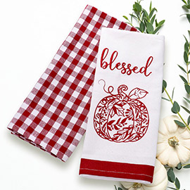 2PCS - Blessed Message Pumkin Printed Checkered Pattern Kitchen Towel Set