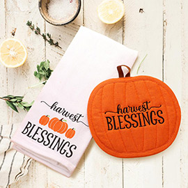 2PCS - Harvest Blessings Message Pumpkin Printed Kitchen Towel Pumpkin Pot Holder Set