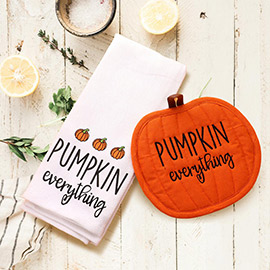 2PCS - Pumpkin Everything Message Pumpkin Printed Kitchen Towel Pumpin Pot Holder Set