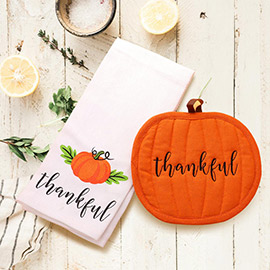 2PCS - Thankful Message Pumpkin Printed Kitchen Towel Pumpkin Pot Holder Set