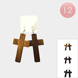 12Pairs - Wooden Cross Dangle Earrings