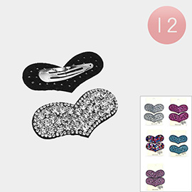 12 SET OF 2 -Bling Studded Heart Hair Snap Clip Set