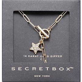 SECRET BOX_14K Gold Dipped CZ Stone Paved Star Pointed Paper Clip Toggle Necklace