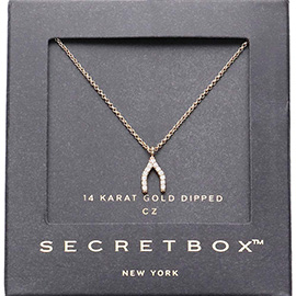 SECRET BOX_14K Gold Dipped CZ Stone Paved Wishbone Pendant Necklace