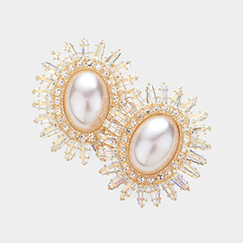 Oval Pearl Pointed CZ Stone Paved Sunburst Evening Earrings