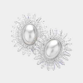 Oval Pearl Pointed CZ Stone Paved Sunburst Evening Earrings