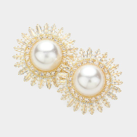 Round Pearl Pointed CZ Stone Paved Sunburst Evening Earrings