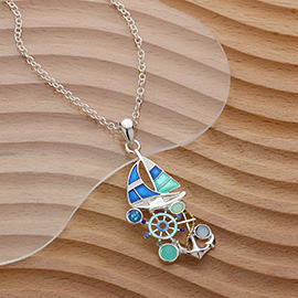 Stone Embellished Enamel Anchor Boat Pendant Necklace