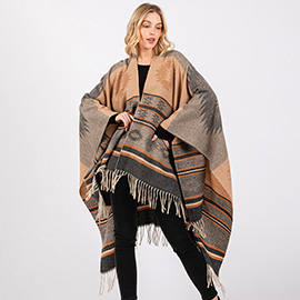 Aztec Pattern Fringe Ruana Poncho