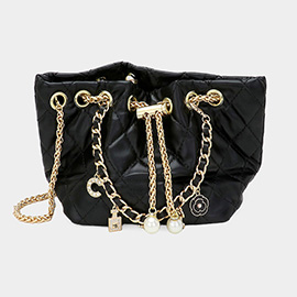 Enamel Charm Chain Pointed Faux Leather Pearl Pointed Chain Mini Bucket Bag