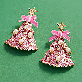 Glittered Enamel Christmas Tree Dangle Earrings