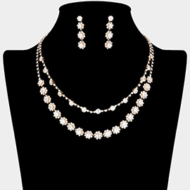 Round Flower CZ Stone Link Rhinestone Paved Layered Necklace