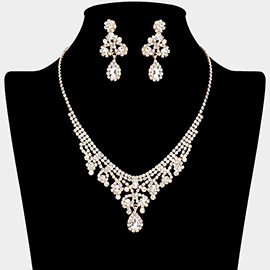 Teardrop Stone Pointed Rhinestone Paved Flower Embellished Necklace