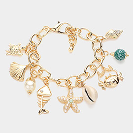 Stone Paved Starfish Pearl Fish Crab Shell Sea Turtle Charm Bracelet