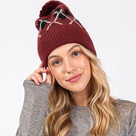 Wool Blended Argyle Fleece Pom Pom Beanie Hat