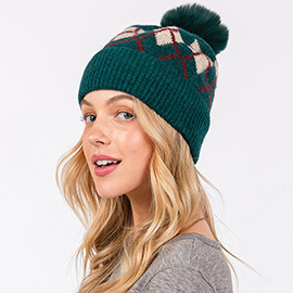 Wool Blended Argyle Fleece Pom Pom Beanie Hat