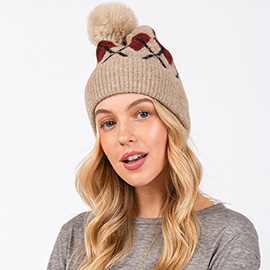 Wool Blended Argyle Fleece Pom Pom Beanie Hat