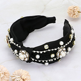 Pearl Pointed Enamel Flower Stone Cluster Embellished Tweed Mix Headband