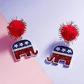 Pom Pom Glittered Enamel Republican Elephant Dangle Earrings