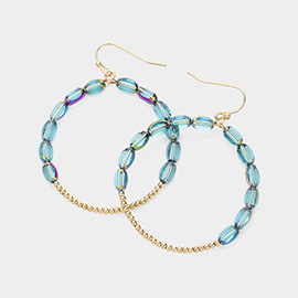 Faced Oval Beaded Open Circle Dangle Earrings