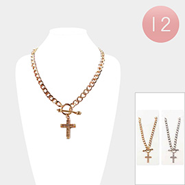 12PCS - Stone Paved Cross Pendant Toggle Chain Necklace