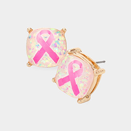 Pink Ribbon Square Stone Stud Earrings