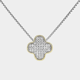 14K Gold Plated CZ Stone Paved Quatrefoil Pendant Necklace