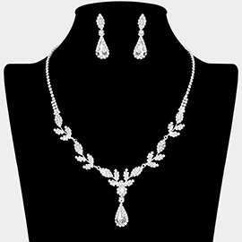 Teardrop Stone Pointed Rhinestone Paved Leaf Vine Necklace