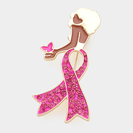 Stone Paved Pink Ribbon Enamel Afro Woman Pin Brooch