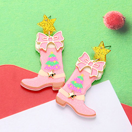 Glittered Resin Bow Pointed Christmas Boots Dangle Earrings