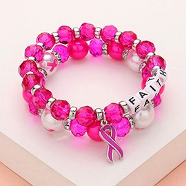 2PCS - FAITH Message Pointed Pink Ribbon Charm Faceted Beaded Stretch Double Layered Bracelets